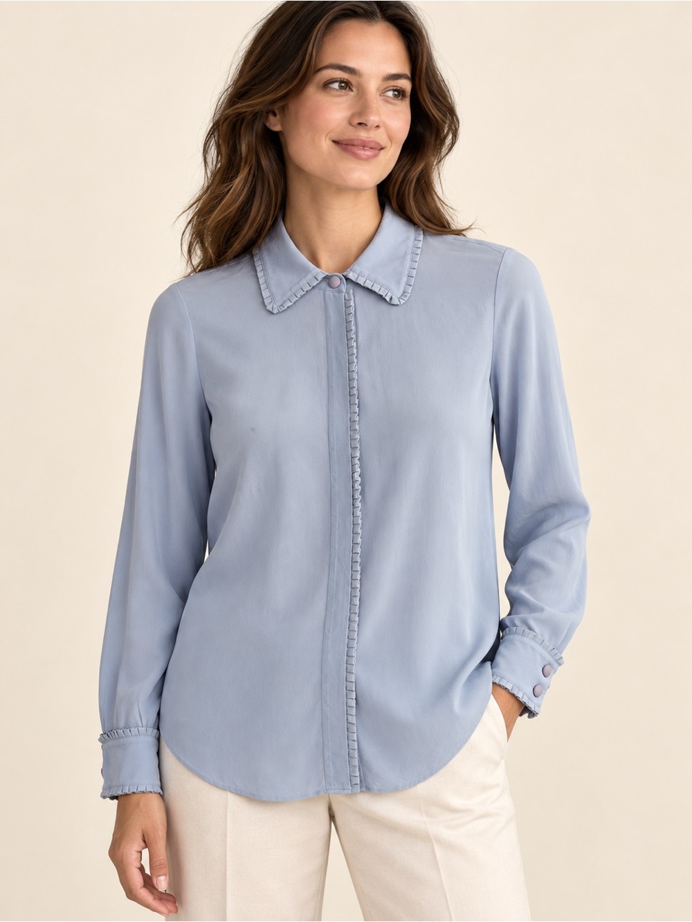 Lafayette 148 New York 100% Silk Ruffle Trim Blouse Pale Blue S